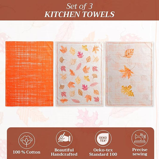Maison d' Hermine Kitchen Towels Set of 3 100% Cotton 20" x 27.5" Reusable Cloth Tea Dish Towels Absorbent with Hanging Loop for Kitchen Dining Thanksgiving Christmas Decorations (Colours of Autumn)