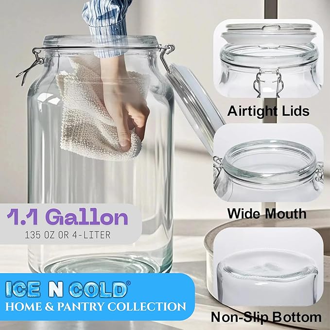 Airtight Glass Storage Jars with Clamp Lid - Food Storage Containers with Rubber Gasket Seal – Pantry & Kitchen Canisters for Dry Goods, Coffee, Sugar, Pasta -135oz | 4L | 1 GAL (6pk)
