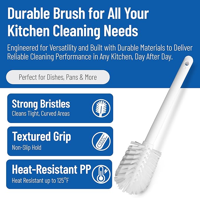 SPARTA Large Water Bottle Brush Ideal for Wide-Mouth Jars, Bottles and Tumblers, Dishwashing Tool with Handle for Home and Commercial Kitchens, Plastic, 12 Inches, White