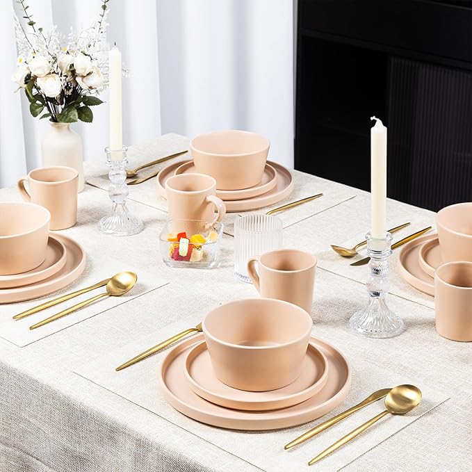 Plates and Bowls Sets for 4 - CJDC-QUELO 16 Piece Stoneware Dinnerware Sets with Mugs, Ceramic Dishware Sets for Kitchen Dining Use, Chip and Scratch Resistant Microwave Dishwasher Safe, Brown