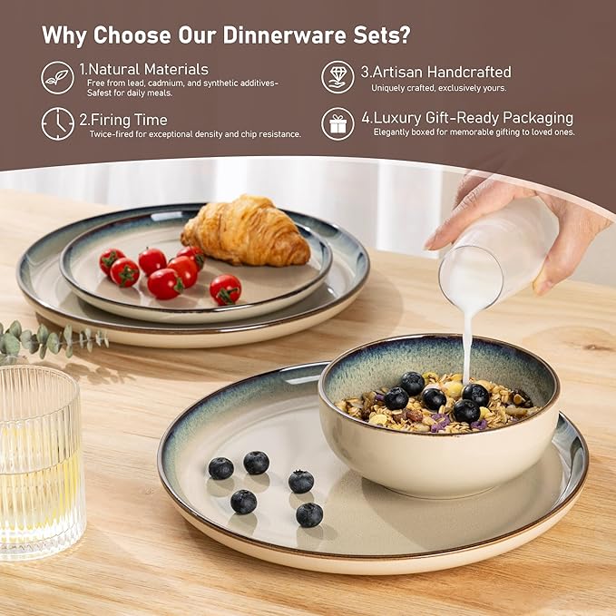 GBHOME Ceramic Dinnerware Sets for 4, 12 Pieces Stoneware Plates and Bowls Sets, Scratch Resistant Dishes, Dishwasher & Microwave Safe, Reactive Glaze-Gravel