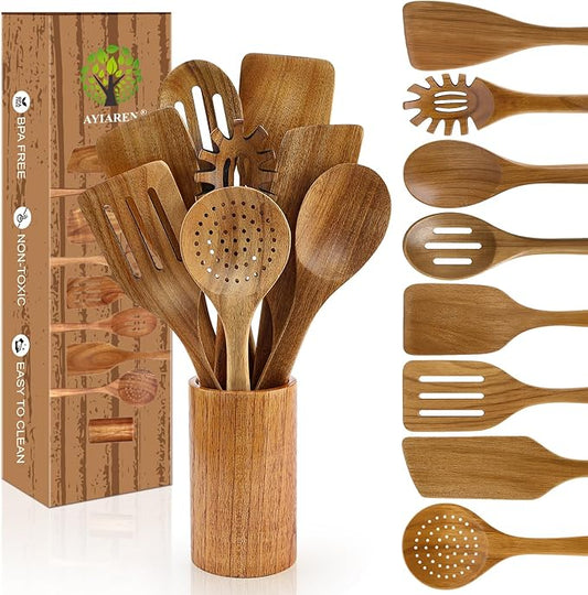 9 Pack Best Wooden Spoons Non Toxic Cooking Utensil Set with Utensils Holder Kitchen Slotted Turner Spatula Set Acacia Wood Utensils for Cooking Spoon Scraper Spurtle Bamboo Flat Egg Flipper Spatulas