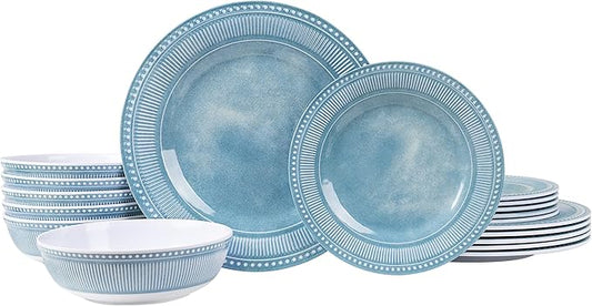 AELS Melamine Dinnerware Set of 18 Pcs, Dinner Dishes Set for Indoor and Outdoor Use, Melamine Plates and Bowls Set for 6, Dishwasher Safe, Lightweight Unbreakable, BPA Free, Blue