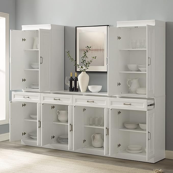 Crosley Furniture Stanton 3-Piece Traditional Sideboard Buffet Cabinet and Kitchen Storage Pantry Set, White