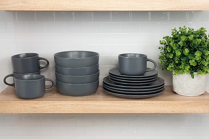 10 Strawberry Street Wazee Matte Coupe Dinnerware Set, 16 pc, Charcoal Gray