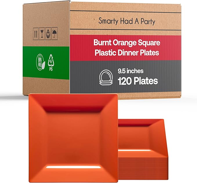 Smarty Had A Party Disposable Plastic Dinnerware, 9.5" Heavy Duty Square Orange Plates for Parties and Events, Bulk Supplies for All Occasions (120 Count)