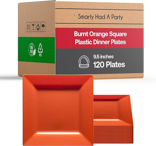 Smarty Had A Party Disposable Plastic Dinnerware, 9.5" Heavy Duty Square Orange Plates for Parties and Events, Bulk Supplies for All Occasions (120 Count)