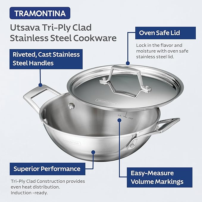 Tramontina Utsava 6-Quart Tri-Ply Clad Stainless Steel Kadai with Lid, Extra Large Kadhai Pot for Indian Cooking