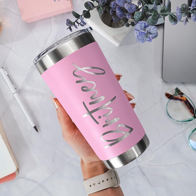 Personalized Tumblers, Stainless Steel 20 oz Tumbler w/Lid |13 Different Designs| Personalized Cups Double Walled Insulated Coffee Cup for Travel - Soft Pink