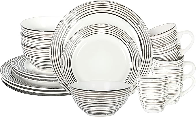 16 Piece Dinnerware Set, Ceramic Plates and Bowls Sets for 4, Microwave and Dishwasher Safe, Handcrafted Tree Bark Series Dish Set, White Birch