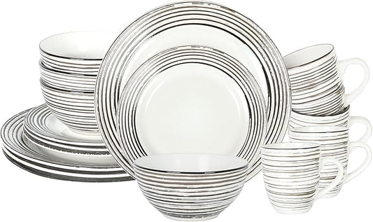 16 Piece Dinnerware Set, Ceramic Plates and Bowls Sets for 4, Microwave and Dishwasher Safe, Handcrafted Tree Bark Series Dish Set, White Birch