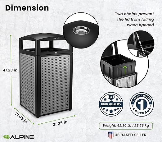 Alpine 40-Gallon Outdoor Commercial Trash Can with Ashtray & Locking Lid – Heavy-Duty Cigarette Disposal Bin with Removable Liner for Parks, Hotels & High-Traffic Outdoor Areas - Black & Grey