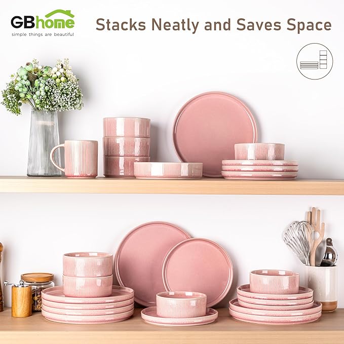 GBHOME Stoneware Dinnerware Sets for 4,Round Reactive Glaze Ceramic Plates and Bowls Set,Highly Scratch Resistant | Dishwasher & Microwave Safe Dishes Set,Service for 4(12Pcs),Pink