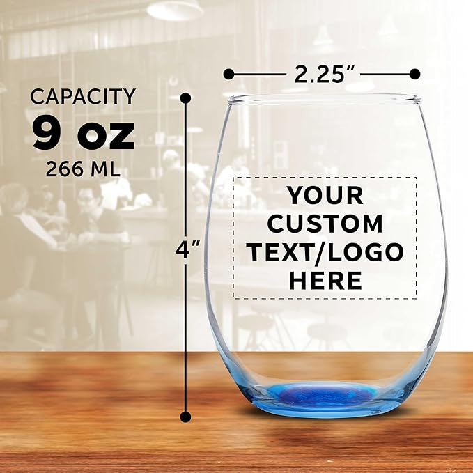 DISCOUNT PROMOS Custom Stemless Wine Glass 9 oz. Set of 10/50/100, Personalized Bulk Pack - Great for Wedding Favors, Bachelorette Party Decorations, Party Favors - Blue