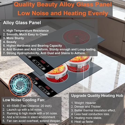 Dual Coil Design of Double Burner Electric Cooktop, 1800W Ceramic Hot Plate for Cooking, Portable Countertop Infrared 2 Burner or 12inch Built-in Radiant Stove Top Cooker, Compatible with All Cookware