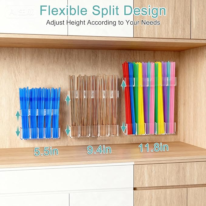 Acrylic Straw Holder, 9.5inch Large Adjustable Straws Organizer Storage, Reusable Tumbler Straw Storage Dispenser Straws with Ultra Sticky Adhesive Strips for Kitchen Cupboard Door(Transparent)