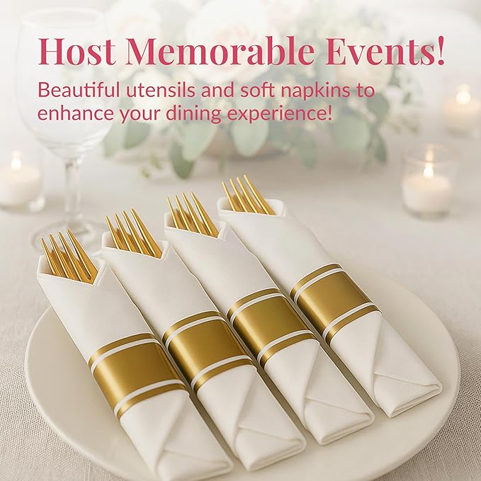 Prestee 100 Piece Gold Plastic Silverware Set - 25 Pre-Rolled Plastic Utensils Set with Forks, Knives, Spoons, and White Napkins - Fancy Disposable Flatware for Dinner Parties, Weddings, and Events