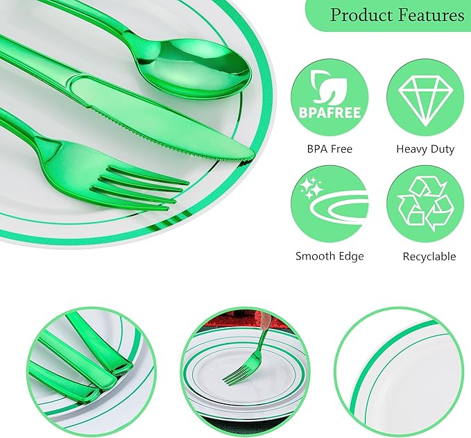 300PCS Christmas Plates Disposable, Green Plastic Dinnerware Set for 50 Guests, Green Christmas Party Plates-50 Dinner Platos,50 Dessert Platos,50 Silverware Set,50 Cups