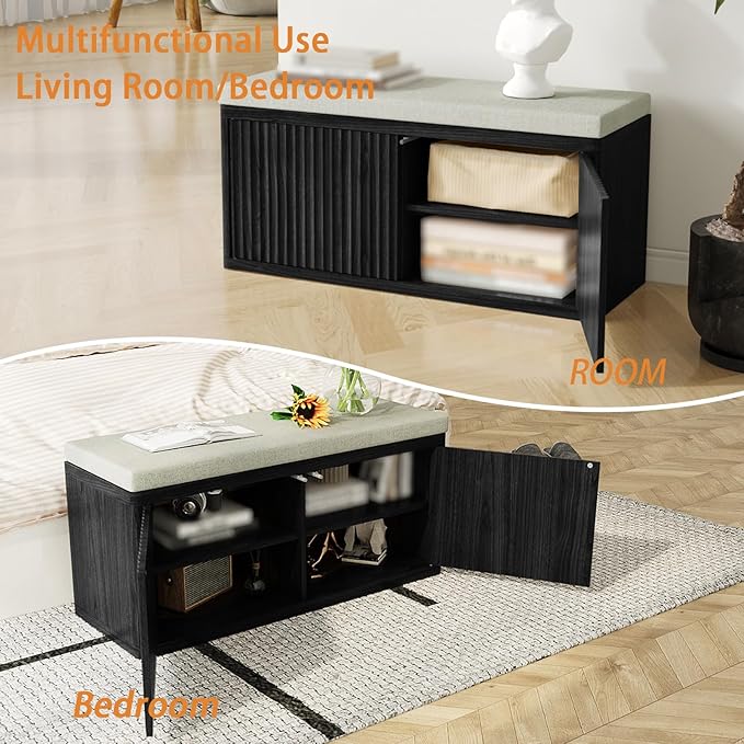 Entryway Shoe Storage Bench with 2" Cushion, 37.4" Small Bench with Shoe Rack, Cabinet Organizer for Hallway，Bedroom End of Bed, Black