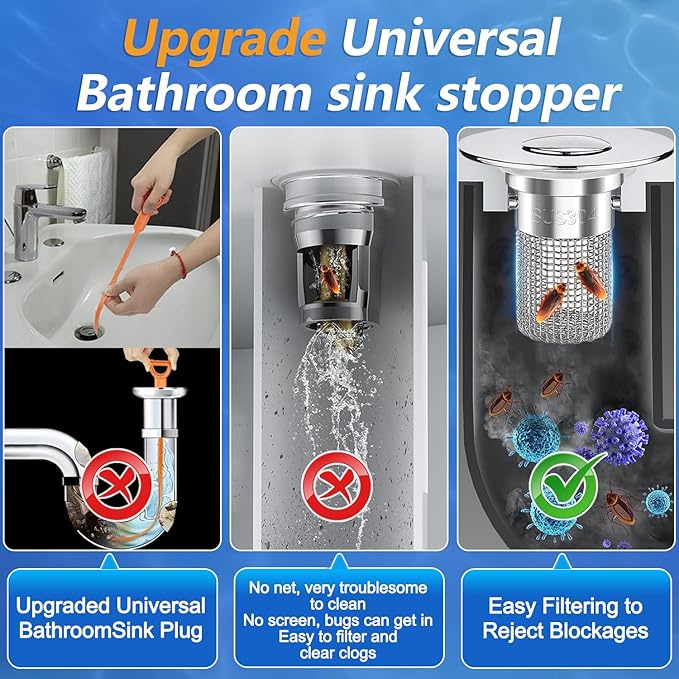Sink Stopper Hair Catcher, Pop-up Sink Drain Strainer with Removable Stainless Steel Strainer Basket Hair Catcher, Bathroom Sink Strainer for Bathroom Sink Stopper Replacement