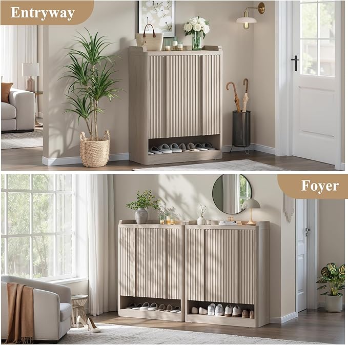 Fluted Shoe Storage Cabinet for Entryway – 45" Tall, 6-Tier Shoe Organizer with 4 Adjustable Shelves, Mid-Century Freestanding Wooden Shoe Rack for Hallway, Living Room, Closet, White Alder(1PCS)