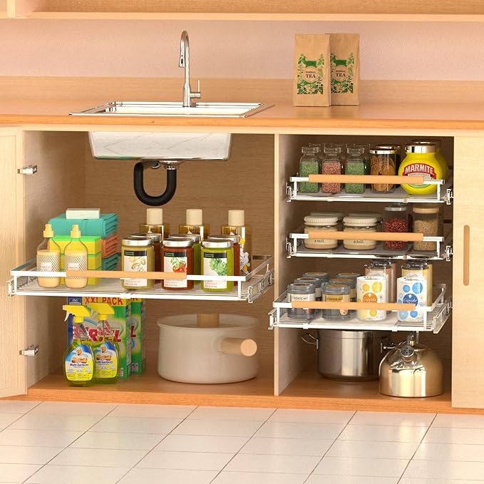 Adjustable Pull Out Shelves for Kitchen Cabinet, Expandable Pull Out Drawders for Cabinets, Pull Out Cabinet Organizer Roll Out Drawers, Stainless Steel, Cabinet Width 16.2" - 26.2", 1 Pack