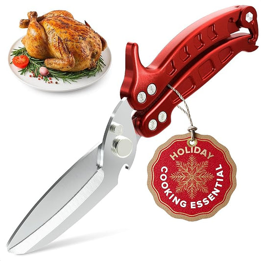 4-in-1 Kitchen Shears Heavy Duty – Sharp Seafood, Turkey Shears & Chicken Scissors with Non-Slip Metal Handle & Micro-Serrated Blades for Meat – Spring-Loaded Bone Cutting Scissors with Safety Lock