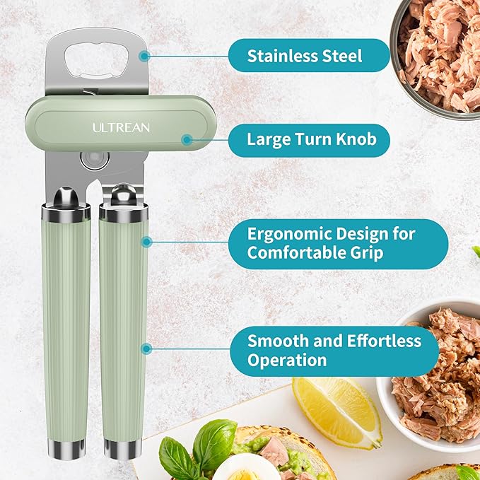 Ultrean Manual Can Opener Bottle Opener, Heavy Duty Stainless Steel Smooth Edge Manual Hand Held Can Opener With Soft Touch Handle, Rust Proof Oversized Handheld Easy Turn Knob (Green)