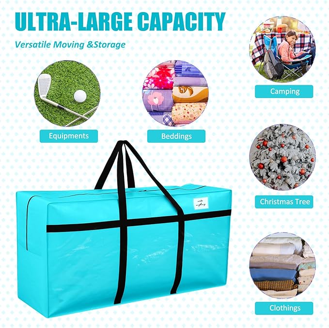 4 Pcs 96 Gallon Large Moving Bags with Zipper and Handles Foldable Storage Duffle Bags Heavy Duty Extra Large Totes for College Dorm Travel Clothes Blankets Bedding Moving (Lake Blue)