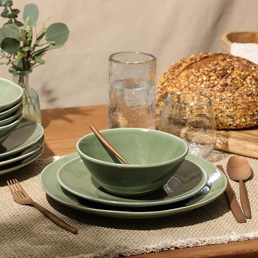 Bloomhouse - Two Time Oprah's Favorite Things Winner - Montecito Breeze 16 Piece (Service for 4) Double Plates and Bowls Stoneware Reactive Glaze Dinnerware Set - Cyprus Green