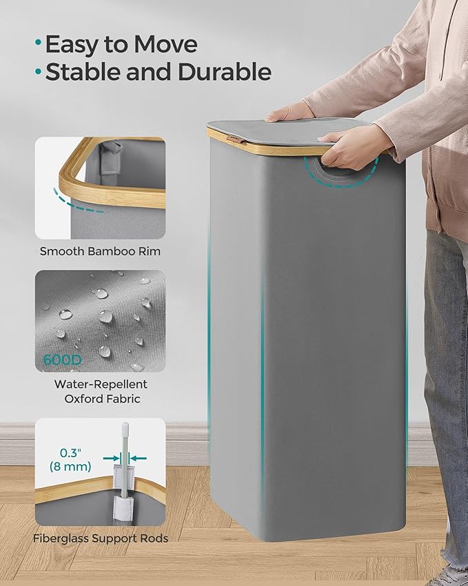SONGMICS Laundry Hamper with Lid, Large Laundry Basket, 23.8 Gallons (90L), Removable Mesh Liner, Bamboo Handles, Collapsible, 16.5 x 12.6 x 27.8 Inches, Dove Gray ULCB509G01