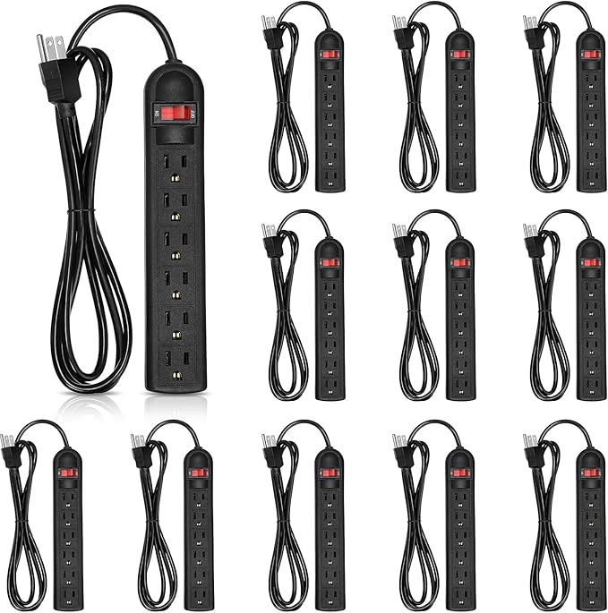 12 Pack 6 Outlet Power Strip Surge Protector 6 ft Long Flat Plug Electrical Extension Cord with Multiple Outlets for Home Office, Black