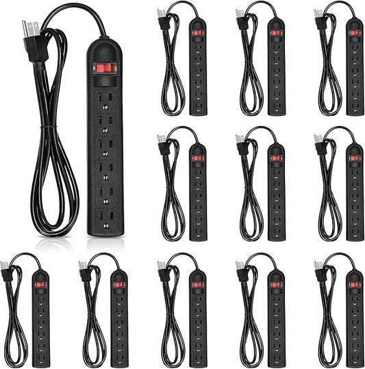 12 Pack 6 Outlet Power Strip Surge Protector 6 ft Long Flat Plug Electrical Extension Cord with Multiple Outlets for Home Office, Black
