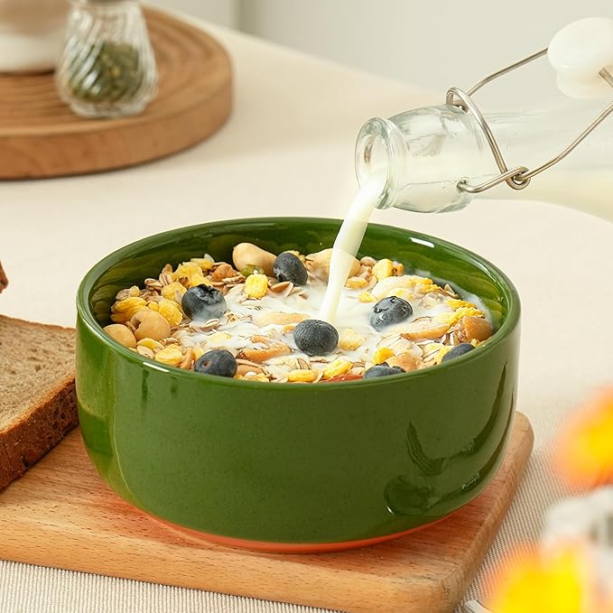 Stoneware Cereal and Soup Bowls Set of 4, 6-Inch Dual Glaze Ceramic Bowls for Breakfast & Oatmeal, Microwave and Dishwasher Safe, Forest Glaze Green