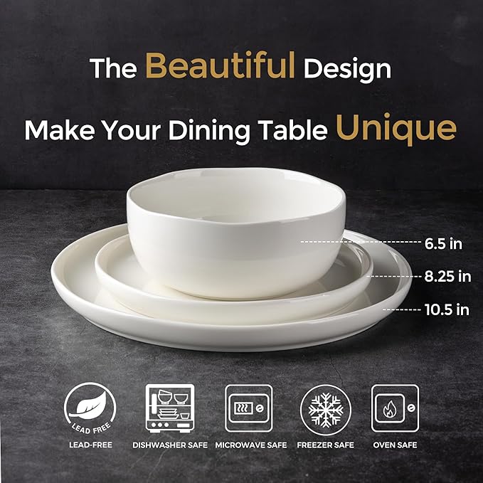 LERATIO Ceramic Dinnerware Sets for 8,Handcraft Wavy Rim Stoneware Plates and Bowls Sets,Highly Chip and Crack Resistant | Dishwasher & Microwave & Oven Safe Dishes set,Service for 8(24pc)-Pearl White