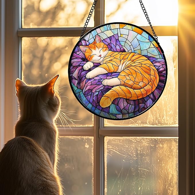 Stained Glass Window Hanging Sleeping Orange Cat Large 11.8" - Memorial Gift Suncatcher Door Sun Catcher Decor Birthday Christmas for Lost Pets Mom Men Woman Friend