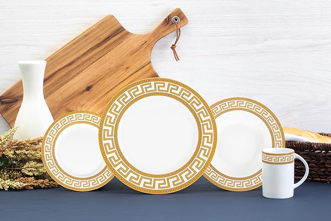 Porcelain Dinnerware Set for 1 - White with Gold 4 Piece Set Vintage Greek Key Design - Elegant Dinner Plates, Soup Plates and Mugs - Dining Kitchenware for Home, Formal Occasions and Everyday Dishes