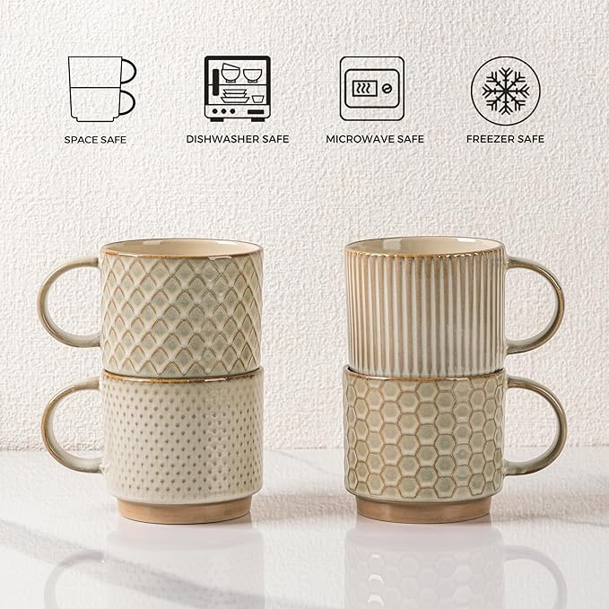 GBHOME 12OZ Stackable Coffee Mugs with Stand, Ceramic Coffee Mugs with Texture Patterns for Man,Woman,Dad,Mom, Modern Coffee Cups Set of 4 for Latte/Cappuccino/Cocoa. Dishwasher&Microwave Safe