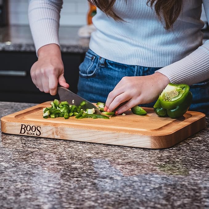John Boos Prestige Series Rectangular Wooden Maple Cutting Board 16”x10” – 1.25” Thick, 6-lb Reversible Butcher Block with Juice Groove, Edge-Grain & Finger Grip Hole – Made in the USA