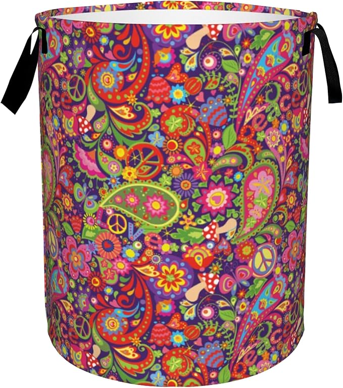 Boho Hippie Flowers Laundry Basket,Vivid Peace Foldable Laundry Hamper Waterproof Oxford Cloth Tote Bag,Clothes Storage Bucket Decorative Toy Organizer For Bathroom Bedroom 16" x 20"
