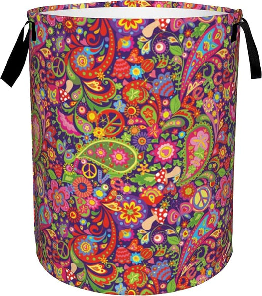 Boho Hippie Flowers Laundry Basket,Vivid Peace Foldable Laundry Hamper Waterproof Oxford Cloth Tote Bag,Clothes Storage Bucket Decorative Toy Organizer For Bathroom Bedroom 16" x 20"