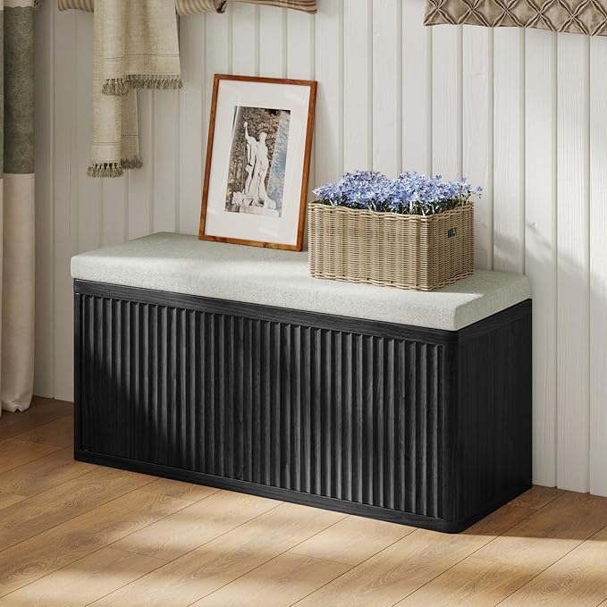 Entryway Shoe Storage Bench with 2" Cushion, 37.4" Small Bench with Shoe Rack, Cabinet Organizer for Hallway，Bedroom End of Bed, Black