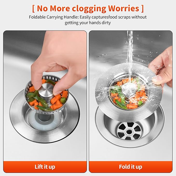 3-in-1 Kitchen Sink Drain Strainer with Bounce Core - Universal Stainless Steel Drain Stopper 2-Pack, Easy to Install & Clean, Upgraded Design