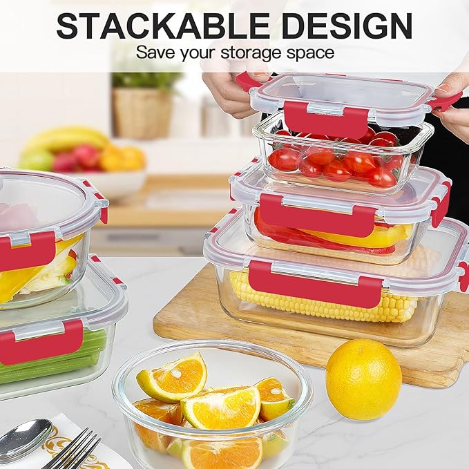 KAMOTA Glass Food Storage Containers, Red Glass Meal Prep Containers, Airtight Containers with Snap-Lock Lids, Set of 12, for Microwave/Oven/Freezer/Dishwasher