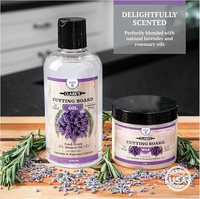 CLARK'S Food Grade Mineral Oil (12oz) and Carnauba Wax (6oz) Set - 100% Natural Butcher Block Oil and Cutting Board Wax - Food Safe Beeswax and Wood Cutting Board Oil with Lavender & Rosemary Extract
