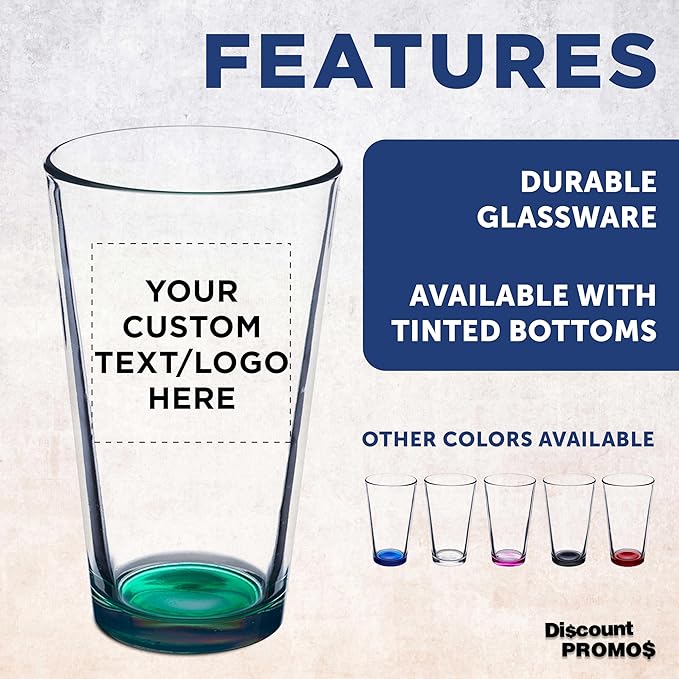 DISCOUNT PROMOS Custom Beer Pint Glasses 16 oz. Set of 10/50/100, Personalized Bulk Pack - Heavy Duty Glassware for Restaurant, Thick Base and Walls, Stackable - Green