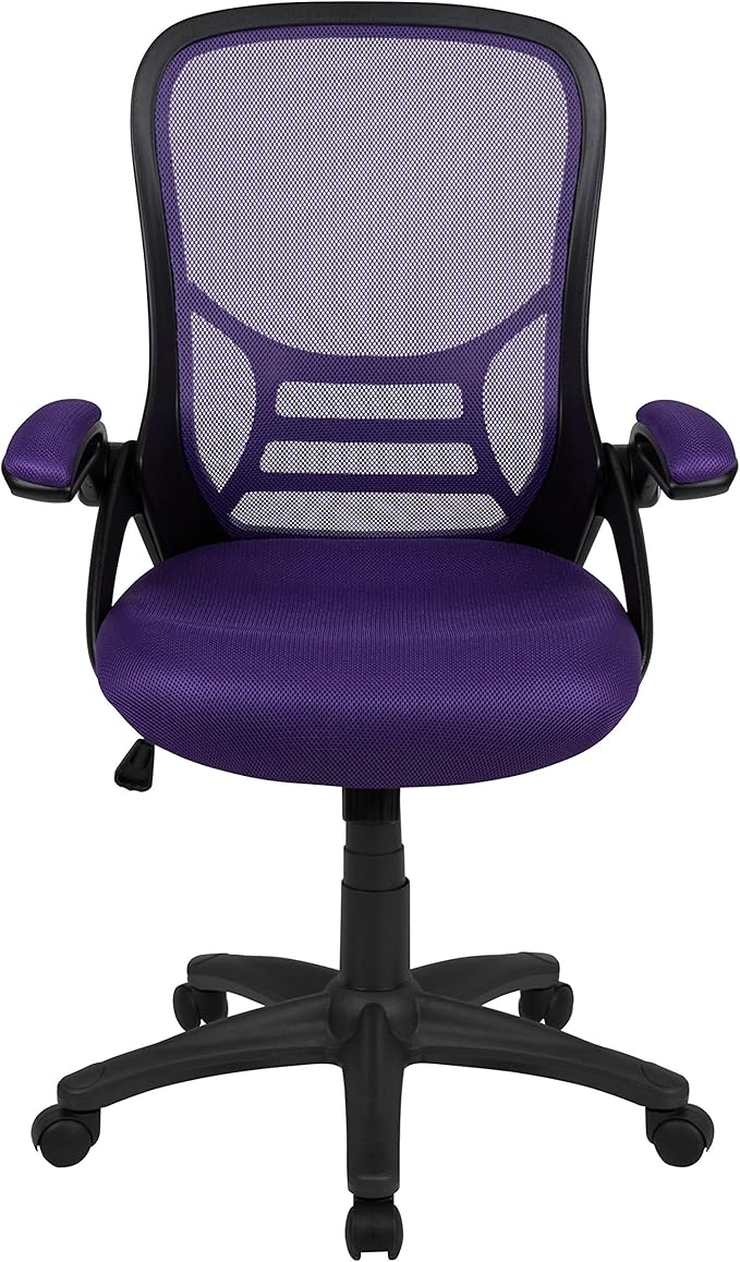Flash Furniture Porter High-Back Swivel Office Chair with Adjustable Lumbar Support and Seat Height, Ergonomic Mesh Desk Chair with Flip-Up Armrests, Purple/Black
