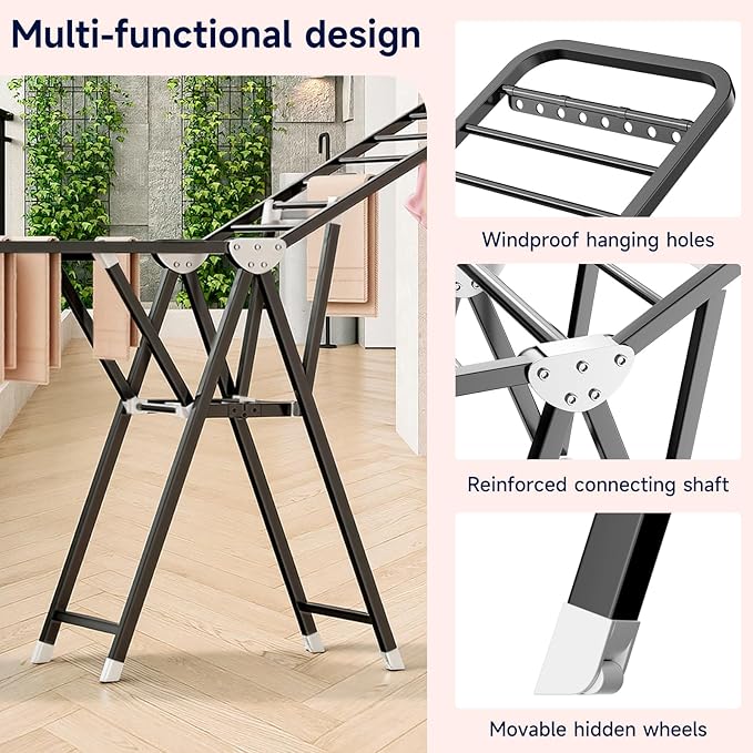 MIKEE Clothes Drying Rack,Stainless Steel Foldable Laundry Drying Rack for Indoor & Outdoor Use，with Height-Adjustable Wings，2-Tier Clothes Rack with Windproof Hanging Holes and Wheels，132 lb
