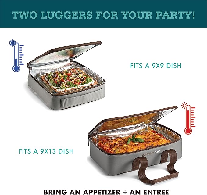 Rachael Ray Lugger Duo, Insulated Casserole Carrier for Hot or Cold Food, Thermal Lasanga Lugger Tote for Pockluck, Parties, Picnic, and Cookouts, Fits 9" x 13" Baking Dish, Sea Salt Grey