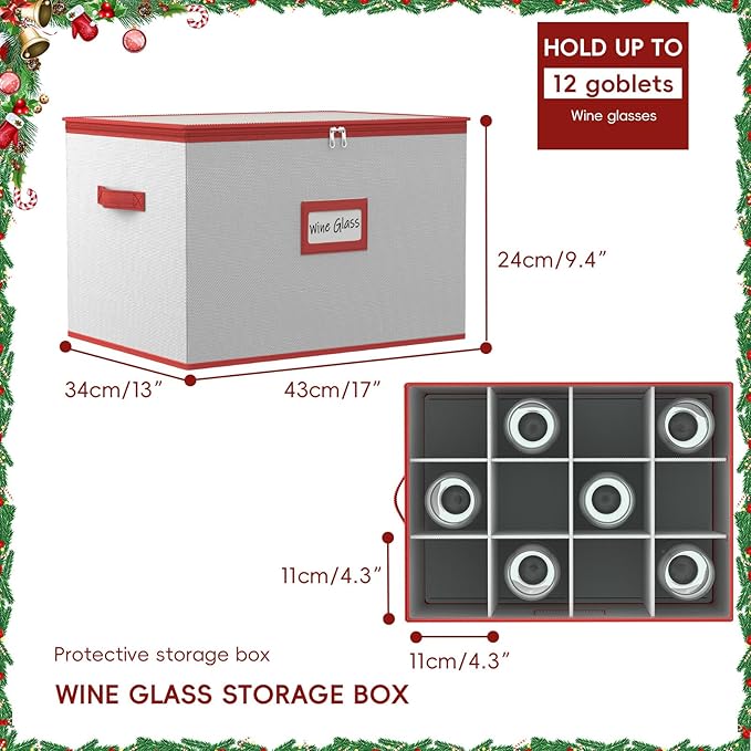 homyfort Wine Glass Storage Box with Dividers, China Stemware Storage Containers Hard Shell, Service for 12 Crystal Wine Glasses Or Goblet (Grey)